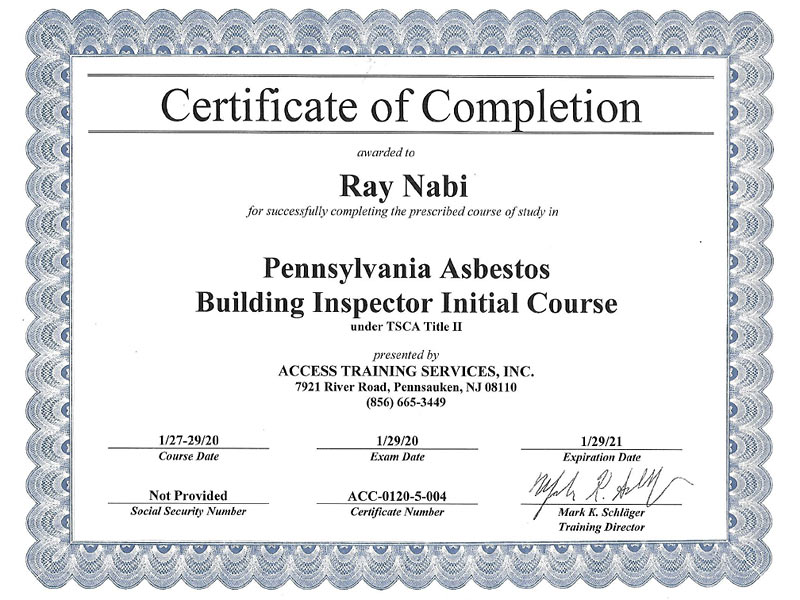 Pennsylvania Asbestos Building Inspector Initial Course Certificate